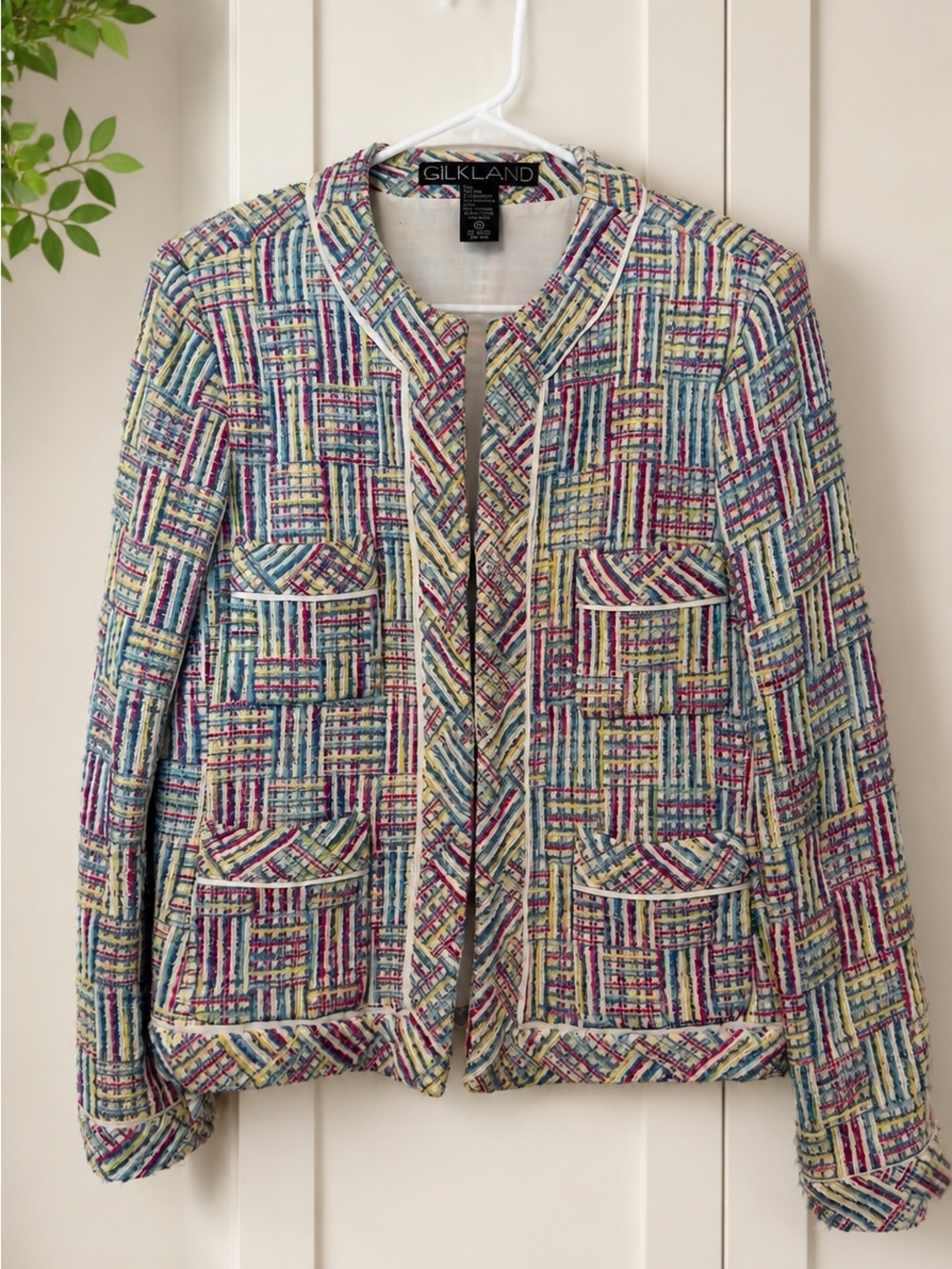 Vintage Silkland Women’s Multicolor Tweed Jacket Size M Woven Blazer 4 Pocket